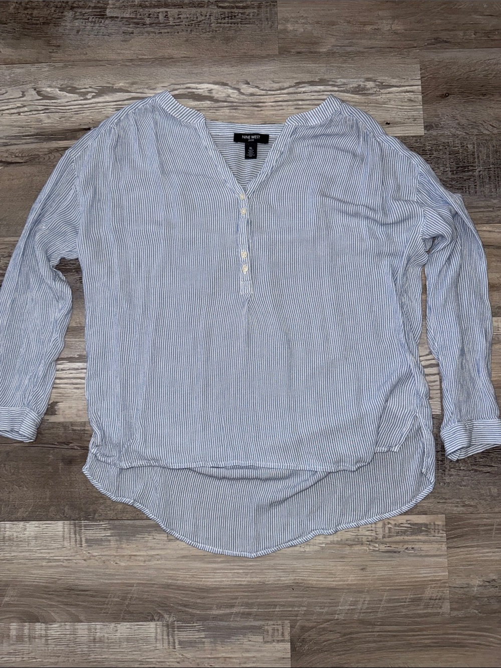 Nine West Light Blue & White Striped Henley Tunic
